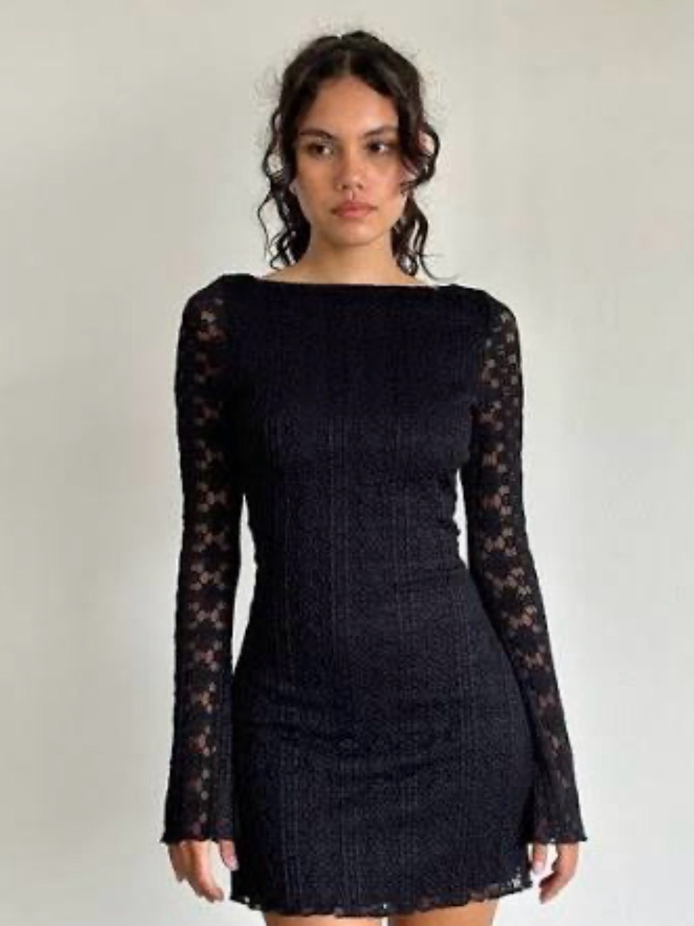Motel Rocks Black Knit Mini Dress with Lace Long Sleeves